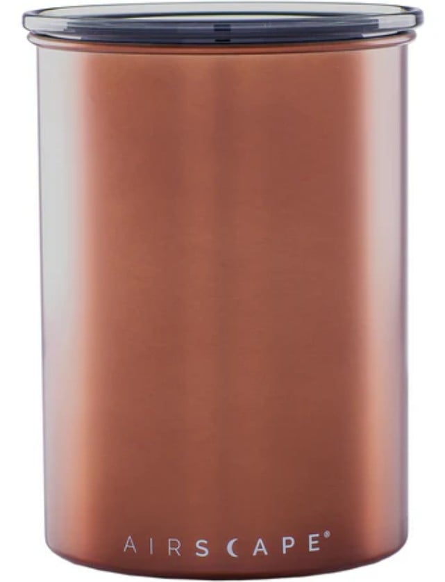 A cylindrical, metallic, copper-colored airtight container with a clear lid, labeled Airscape at the bottom front&mdash;a practical addition to your amazon finds.