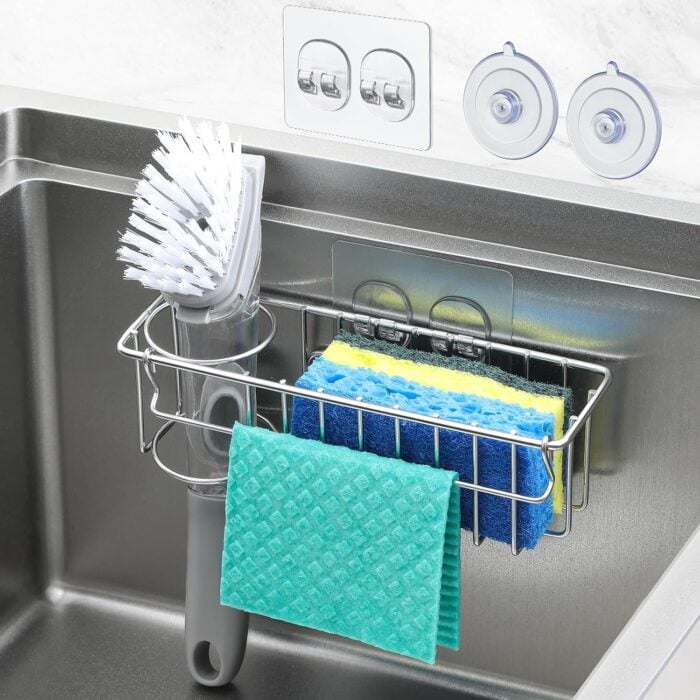 sink caddy in sink with sponge etc