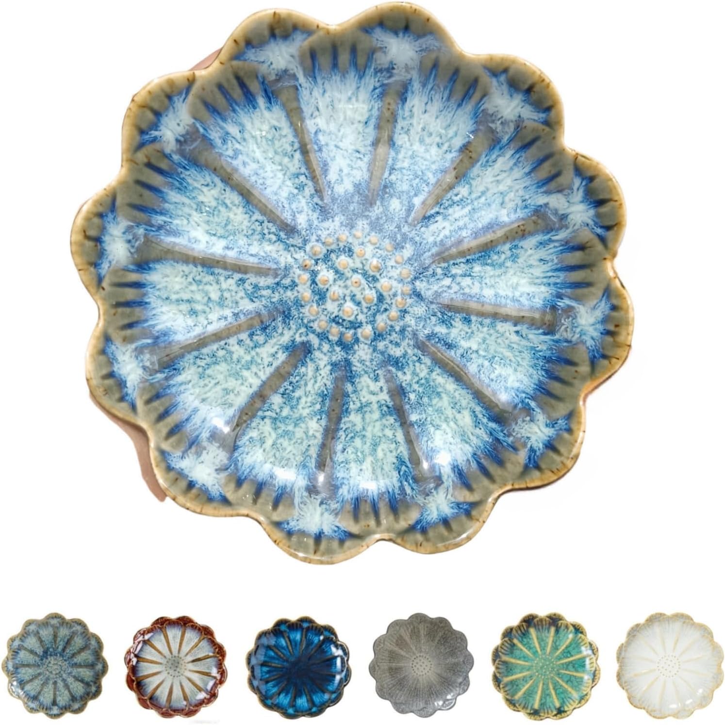 A ceramic plate with a scalloped edge and a blue, white, and beige floral design&mdash;one of our favorite Amazon finds. Below it are six smaller plates in various colors, each featuring similar floral patterns.