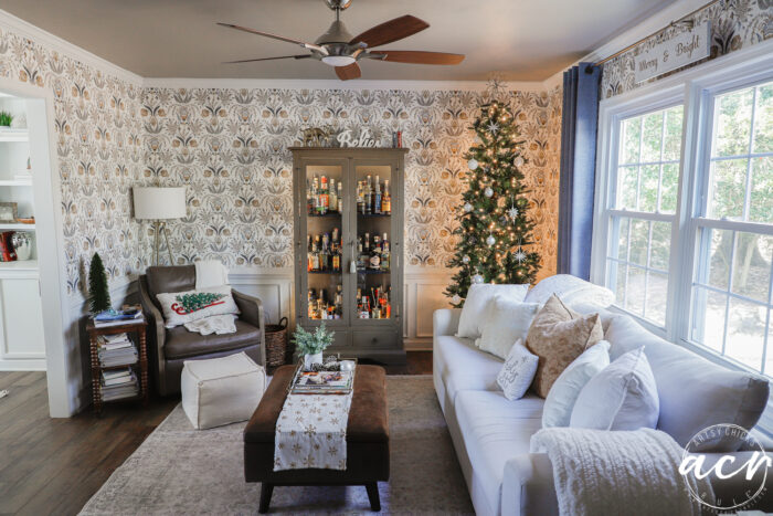looking into room with wallpaper, cabinet with lights and tree 