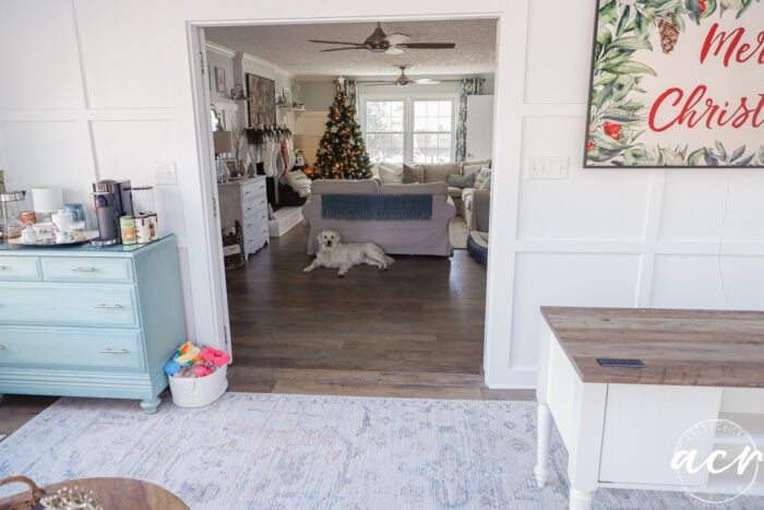 looking into living room from new room. Coffee bar to left and desks to right. White pup in other room