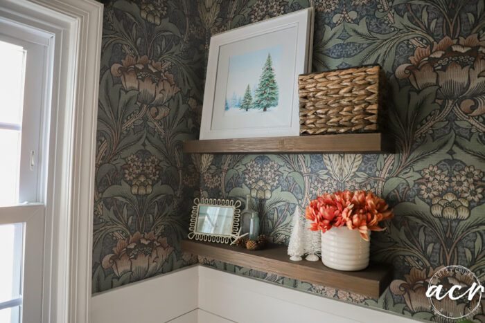 bathroom shelf with christmas tree