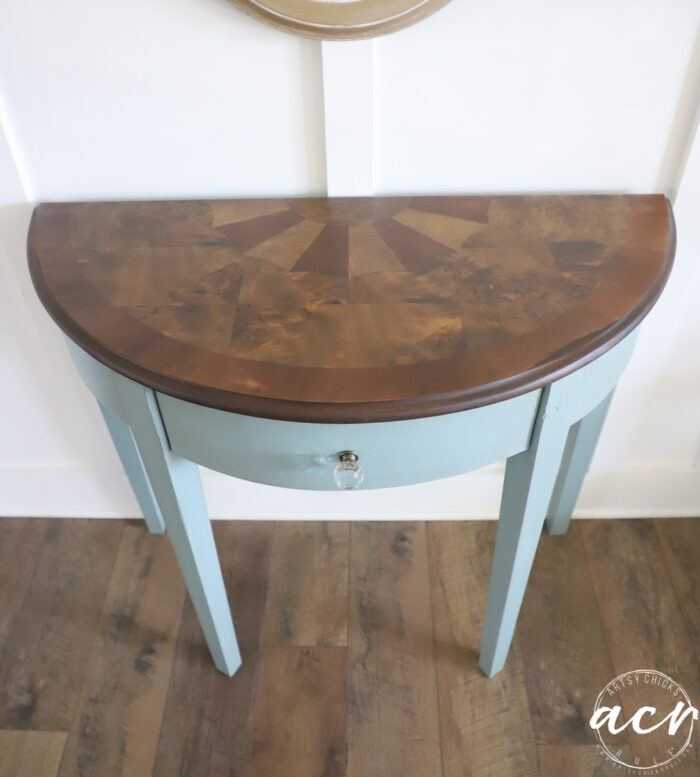 wood stained top view with blue base