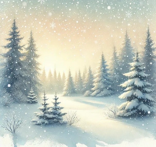 snowflakes and snow and christmas style tree forest print