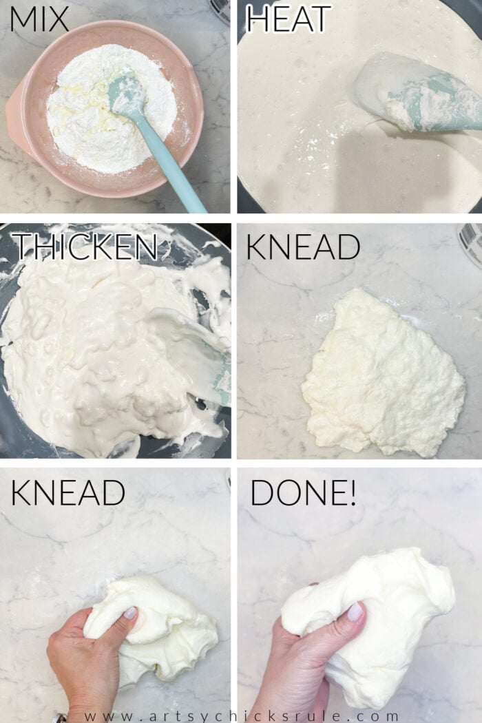 Six-panel image showing steps to make diy air dry clay: mixing powder, heating to a thickened paste, kneading the dough until smooth, and the final stretchy clay in hands. Text labels each step: MIX, HEAT, THICKEN, KNEAD, KNEAD, DONE!.
