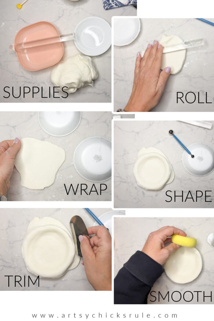 Step-by-step collage showing how to make a DIY air dry clay dish: gathering supplies, rolling clay flat, wrapping it over a bowl, shaping edges, trimming with a tool, and smoothing with a sponge. Website: artsychicksrule.com.