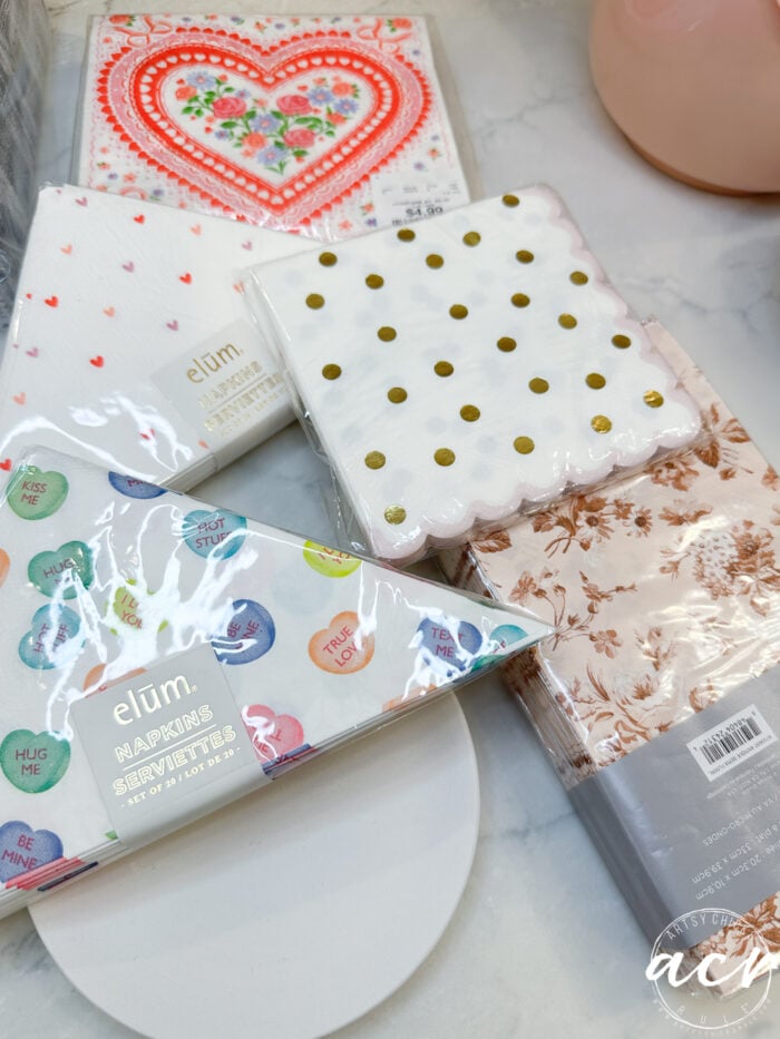 various heart, gold dot and candy heart napkins