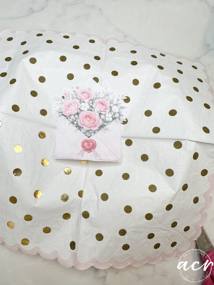 pink envelope with roses printable over gold polka dot napkin