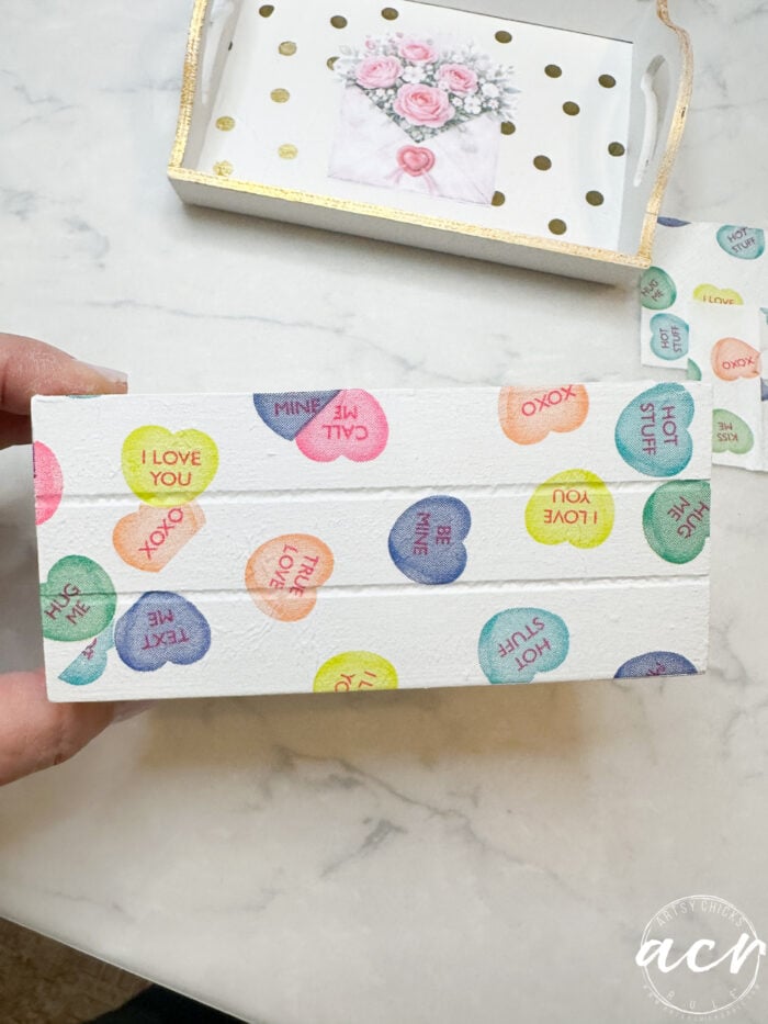 candy heart paper attached to side of box