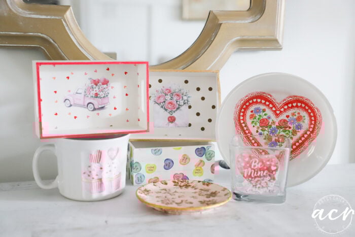 dollar store items all done with valentines themed napkins and printables