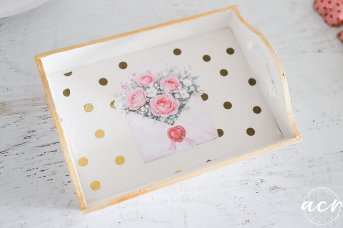 gold polka dots and pink envelope printable on white small tray