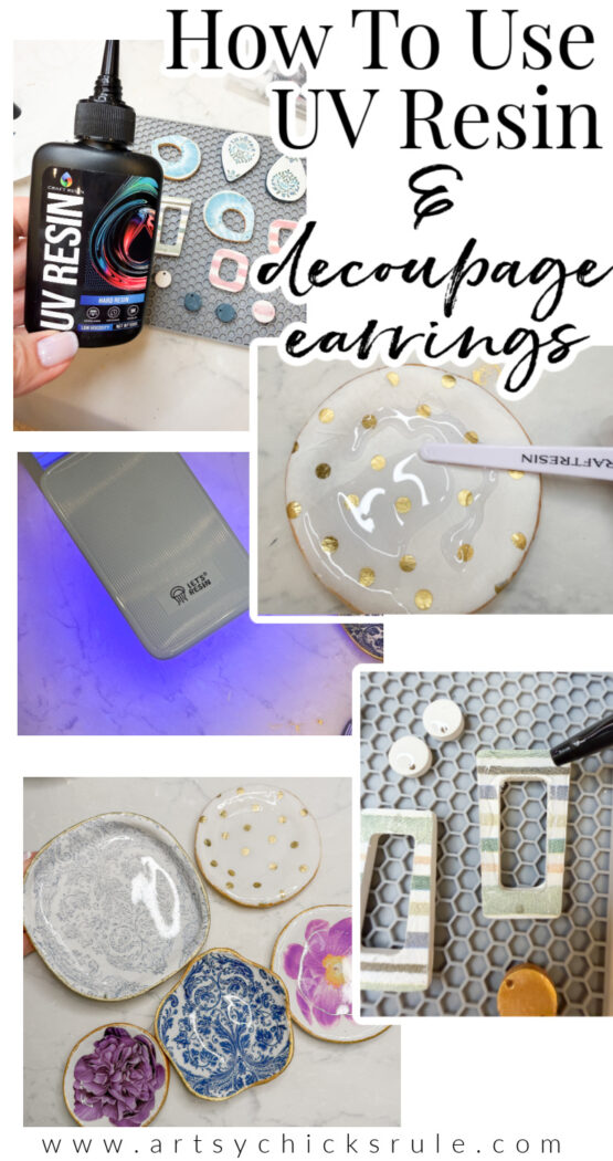 A collage showing how to use UV resin and create decoupage earrings: applying UV resin, curing under a UV lamp, decorating shapes with gold accents, assembling the pieces, and displaying finished floral decoupage earrings.