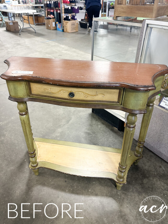 brown and green and yellow console table