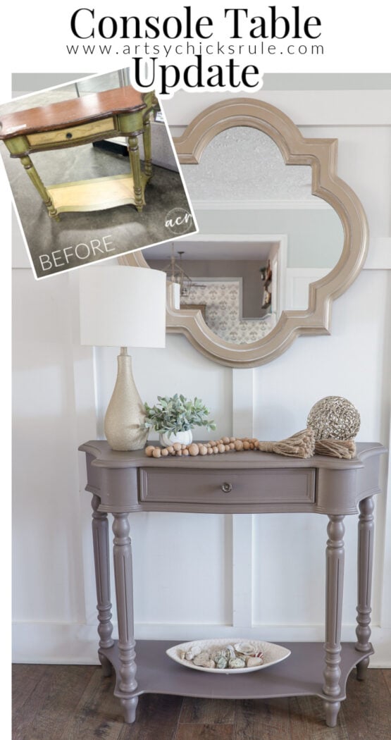 A small console table makeover shines as a painted table adorned with decorative items beneath a mirror on a white wall; an inset before photo reveals the table’s original, unfinished wood look.