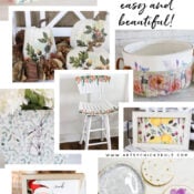 Napkin Decoupage Ideas A collage showcases creative napkin decoupage ideas, featuring decorated pumpkins, plates, boxes, trays, a chair, and a Santa-themed tin—all adorned with floral or festive napkin designs.