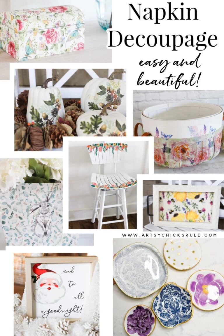A collage showcases creative napkin decoupage ideas, featuring decorated pumpkins, plates, boxes, trays, a chair, and a Santa-themed tin&mdash;all adorned with floral or festive napkin designs.