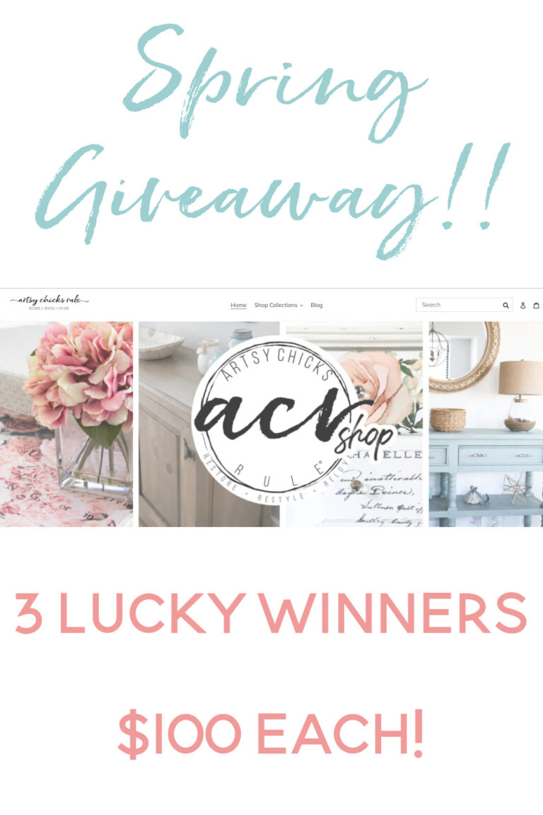 Spring Giveaway announcement with images of home decor, text says: 3 Lucky Winners $100 Each! Features the Artsy Chicks Rule shop logo&mdash;don&rsquo;t miss your chance at our 2025 Giveaway celebration!.