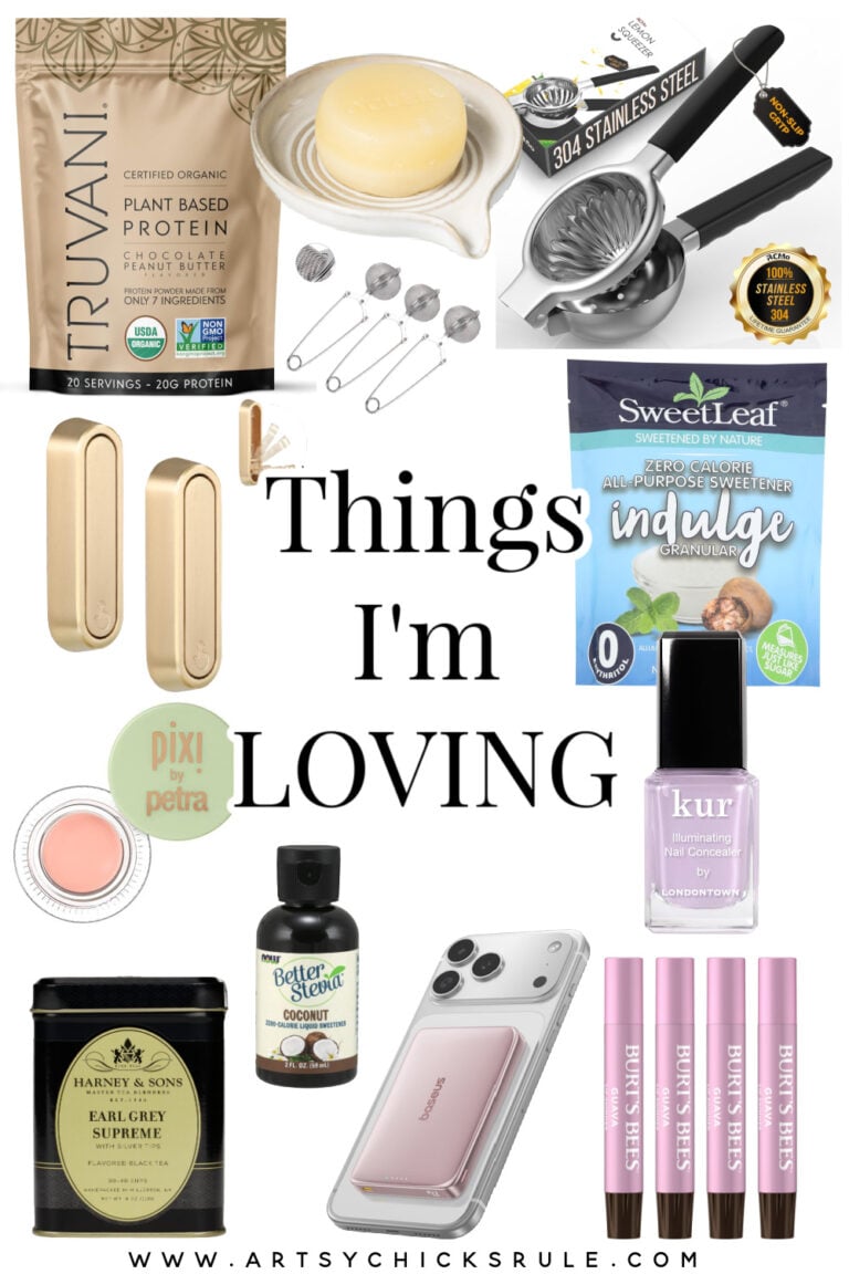 A collage of Things I&rsquo;m Loving right now: plant-based protein powder, a shampoo bar, stainless steel lemon squeezer, gold magnetic clips, sweetener, lilac nail polish, eyeliner, phone, tea, makeup remover, and a purple lipstick set&mdash;perfect Amazon Finds!.