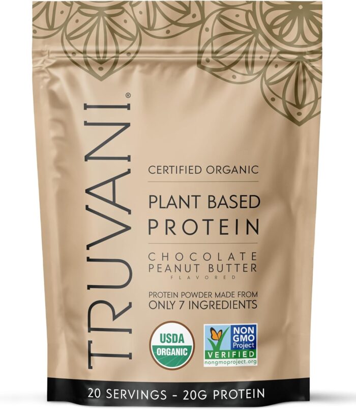 A beige pouch of Truvani Plant Based Protein in chocolate peanut butter flavor&mdash;an Amazon Find I&rsquo;m loving&mdash;features organic and non-GMO certifications, 20 servings, and 20g protein, made from just 7 ingredients.