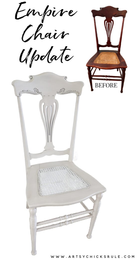 A wooden Empire-style vintage chair is shown before and after a vintage chair update; the original dark brown caned seat transforms into a white, decorative piece, highlighting the beauty of expert chair restoration.