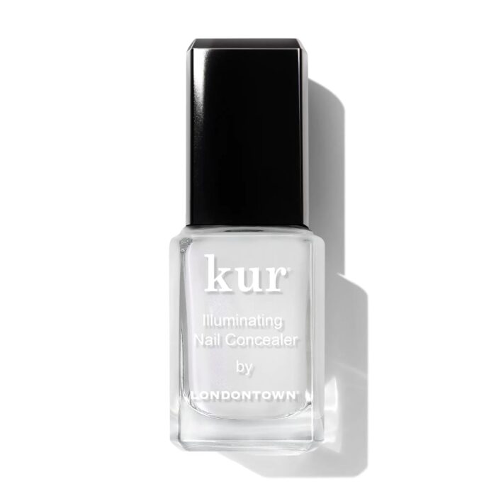 A clear glass bottle of kur Illuminating Nail Concealer by Londontown, with a black rectangular cap and white text on the front, shown against a white background&mdash;one of my latest Amazon Finds and Things I&rsquo;m Loving right now.