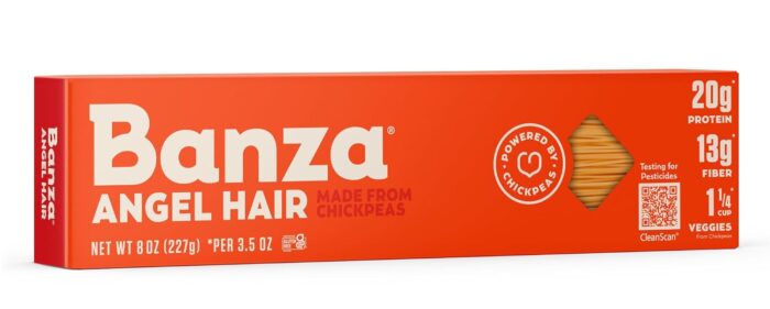A red box of Banza Angel Hair pasta made from chickpeas, featuring the Banza logo, nutrition info (20g protein, 13g fiber), and a small window showing the pasta inside&mdash;a top pick in my Amazon Finds and Things I'm Loving lately.