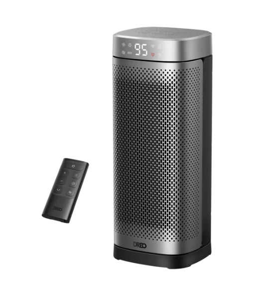 A modern black and silver tower space heater with a digital display reading 95&mdash;one of the things I&rsquo;m loving right now. It features a perforated front grille, sleek touch control panel on top, and a small remote control placed beside it.