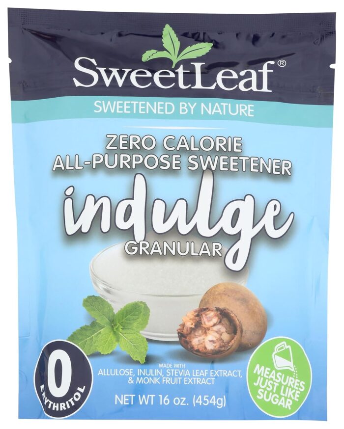 A blue and white bag of SweetLeaf Indulge Granular Zero Calorie All-Purpose Sweetener&mdash;an Amazon Find I&rsquo;m loving&mdash;features mint leaf and monk fruit images, with labels highlighting 0 erythritol and that it measures just like sugar.