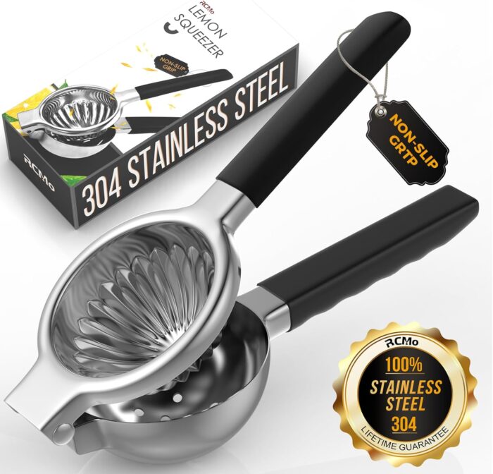 A stainless steel lemon squeezer with black non-slip handles is shown alongside its box and a 100% Stainless Steel 304 gold badge. One of my favorite Amazon Finds, it stands out for durability and a secure, non-slip grip.