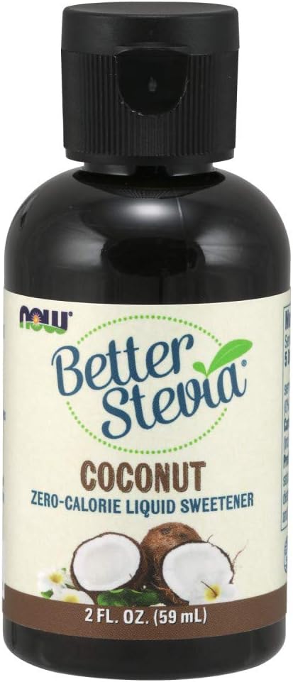A 2 fl. oz. bottle of NOW Better Stevia Coconut Zero-Calorie Liquid Sweetener, one of my latest Amazon Finds, features a black cap and a label with coconuts and green leaves.