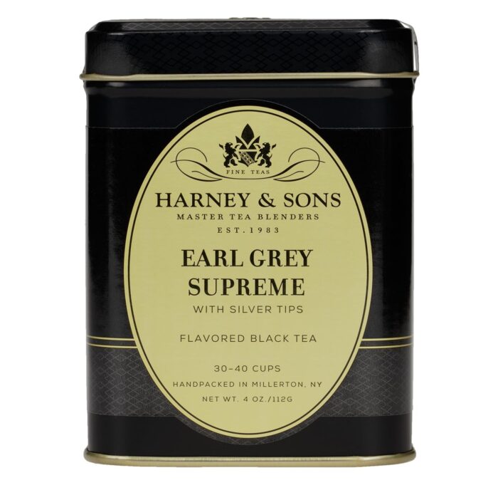 A black and gold tin of Harney & Sons Earl Grey Supreme flavored black tea, found among my recent Amazon Finds, features silver tips and makes 30&ndash;40 cups. The stylish round label marks its 4 oz (112g) capacity&mdash;one of the Things I&rsquo;m Loving right now.