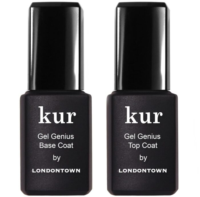 Two black rectangular bottles with black caps are shown side by side. The left is labeled kur Gel Genius Base Coat and the right, kur Gel Genius Top Coat&mdash;both Amazon Finds from Londontown and definitely among the Things I&rsquo;m Loving.