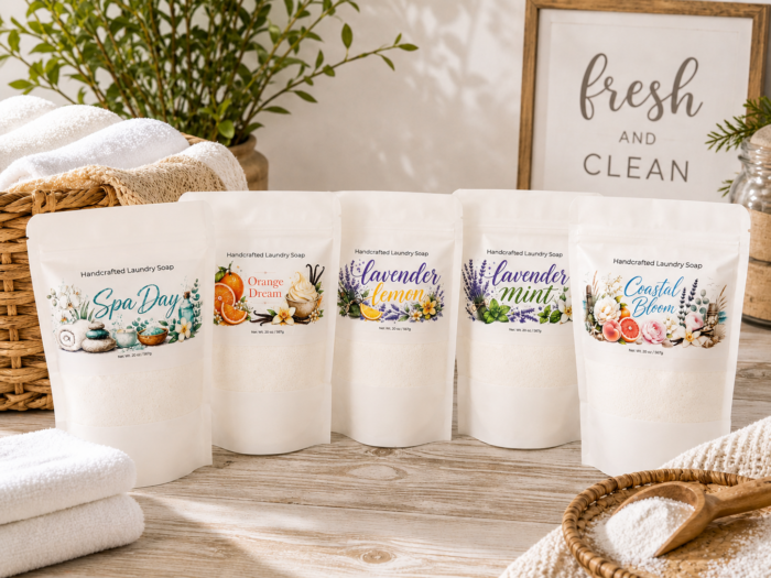 Five bags of handcrafted cold process soap with colorful labels stand on a wooden surface, surrounded by towels, a basket, a plant, and a framed sign that reads &ldquo;Fresh and Clean.&rdquo; Perfect for those who appreciate the art of cold process soap making.