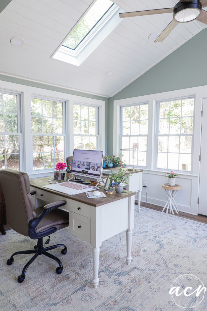 A bright sunroom home office with large windows, a skylight, a white desk with a computer, brown office chair, plants, and decorative items; sunlight fills the room, creating a cozy workspace perfect for an office reveal.