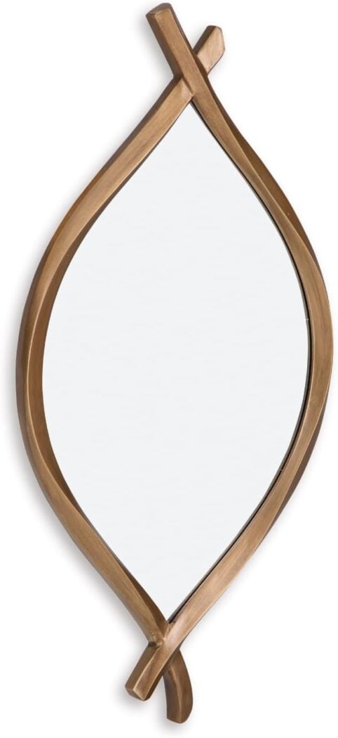 A decorative wall mirror with an organic curved, leaf-shaped wooden frame in a warm brown finish, featuring intersecting ends at the top and bottom.