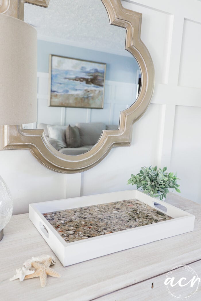 A decorative tray with seashells, found at a thrift shop, sits on a light wood dresser beside a small plant and starfish, in front of a large ornate mirror reflecting a blue and white living room with wall art.