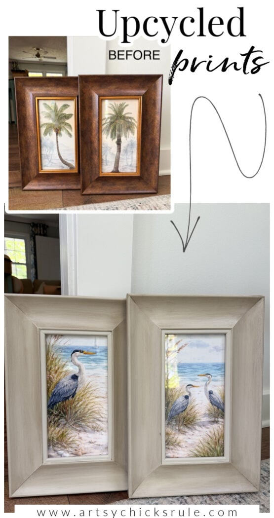 Two framed prints with palm tree art are shown “before,” then transformed “after” into an upcycled print set with new beige frames and updated heron artwork by the water. Text reads: “Upcycled prints.”.