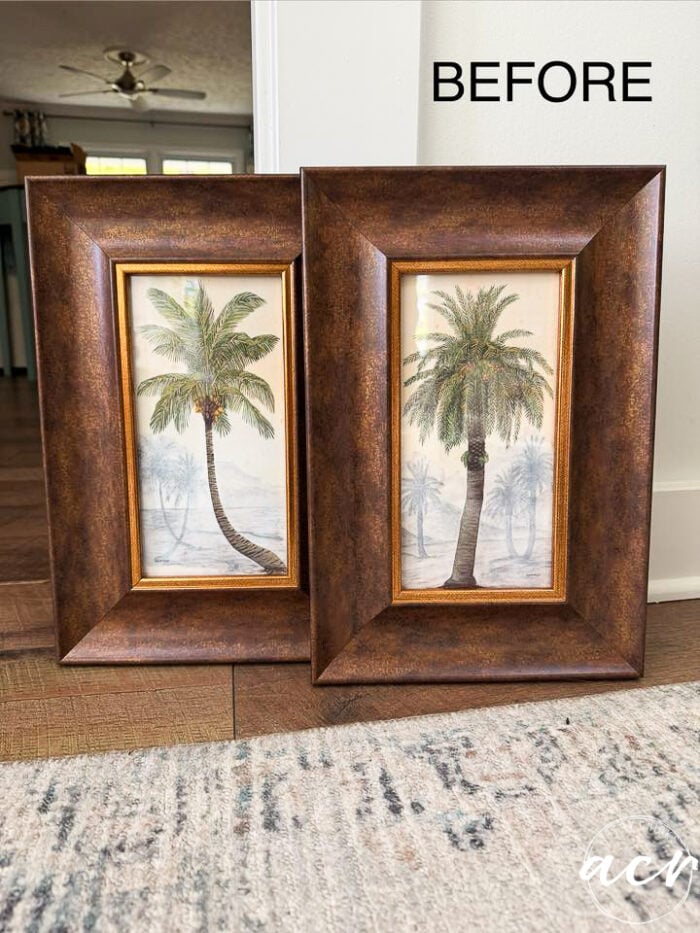 Two framed print set palm tree prints with brown frames are propped against a wall on a wood floor. The word BEFORE appears at the top right of the image. Part of a patterned rug is visible in the foreground.