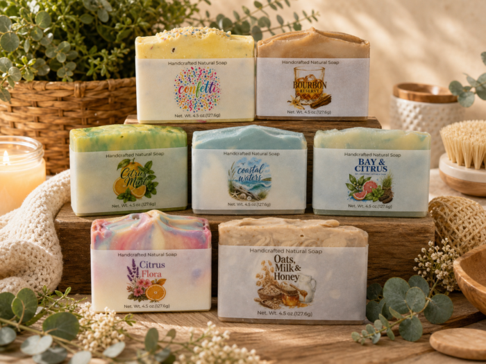 Seven handcrafted cold process soaps are displayed on a wooden surface with greenery, woven baskets, and bath accessories in the background. Each soap features a unique label and colorful design, highlighting the artistry of cold process soap making.