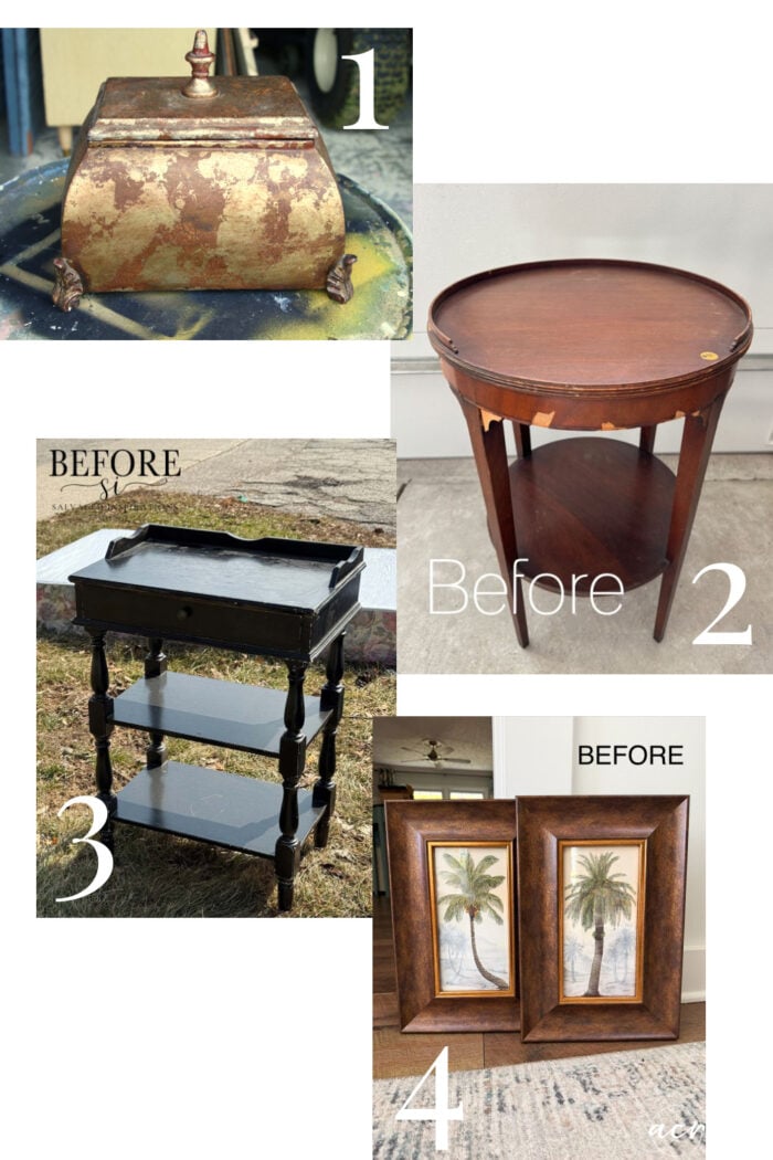 A collage of four vintage furniture and decor items, each labeled 1 to 4: a tarnished metal box, an upcycled round wooden side table, a black three-tiered serving cart, and two brown-framed print set pictures with palm tree prints.