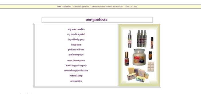 Screenshot of a webpage section titled Our Products, listing items like soy candles, body mist, perfume sprays, home fragrance spray, cold process soap, and accessories, with vibrant product images displayed on the right.