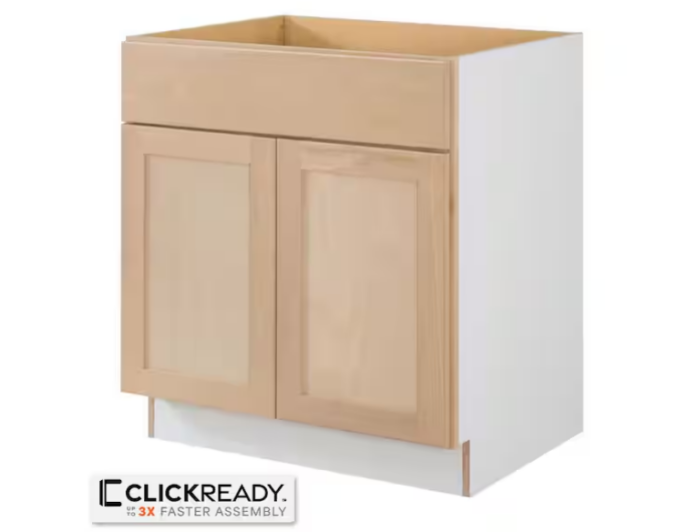 A wooden base kitchen cabinet with two natural wood doors and a single matching drawer, shown unpainted. Perfect for a Laundry Room update, this ClickReady cabinet offers up to 3x faster assembly.