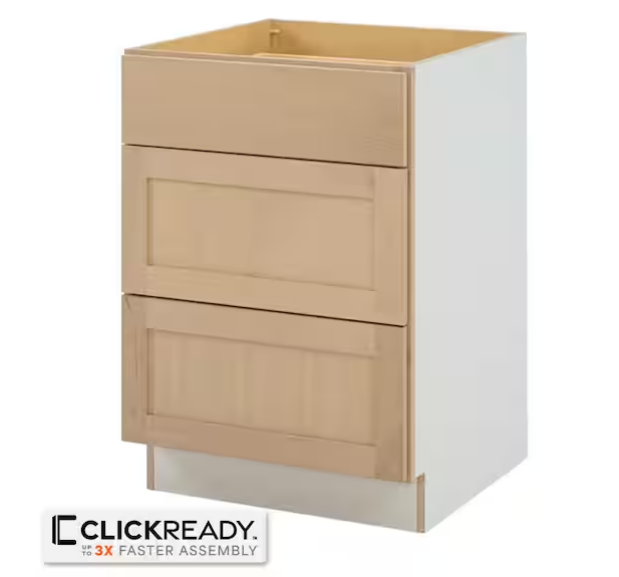 A partially assembled kitchen cabinet with a white frame and two unfinished wood drawers, shown with a ClickReady logo indicating faster assembly&mdash;perfect for your next Laundry Room update.