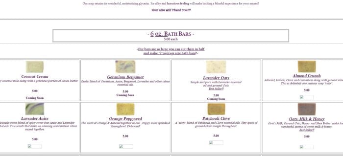 Screenshot of a website displaying cold process soap bath bars for $5 each. Eight varieties are shown, including Coconut Cream and Lavender Oats, with images, descriptions, prices, and some marked Coming Soon.