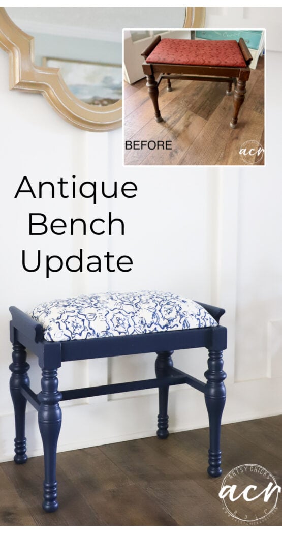 A small vintage bench with an ornate mirror behind it; before inset shows the bench with a brown frame and red cushion. The updated Bench Update features a dark blue finish and a white and blue patterned cushion. Text reads Antique Bench Update.