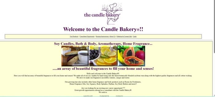 Screenshot of Candle website homepage featuring a logo, welcome message, fragrance categories, and vibrant images of natural ingredients like oranges, papaya, limes, chocolate, and berries&mdash;perfect for inspiring cold process soap making scent options.