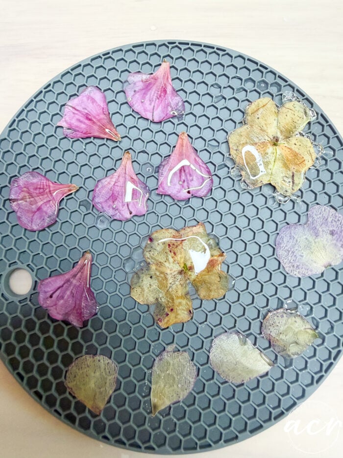 Pressed purple and yellow flower petals are arranged on a round, textured black drying mat, some covered in clear resin&mdash;a beautiful start for anyone learning how to make resin earrings or create unique flower petal resin earrings.