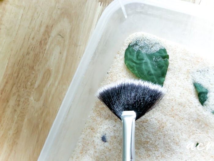 A fan makeup brush rests on a container filled with fine sand and green leaves, evoking the natural elegance of DIY Jewelry or Flower Petal Earrings, all arranged on a light wooden surface.