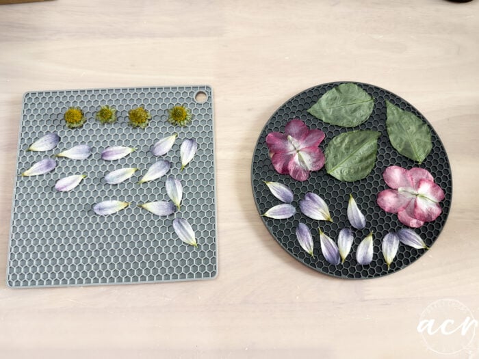 Pressed flower petals and small green flowers, reminiscent of flower petal earrings, are arranged on a gray honeycomb mat, while green leaves and pink flowers sit on a round black honeycomb mat, all displayed on a light wooden surface.