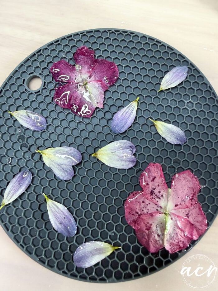 Purple and pink flower petals with water droplets are arranged on a round, black textured mat, inspiring the delicate beauty seen in Flower Petal Resin Earrings. The photo features a light background and a white acm watermark in the bottom right corner.